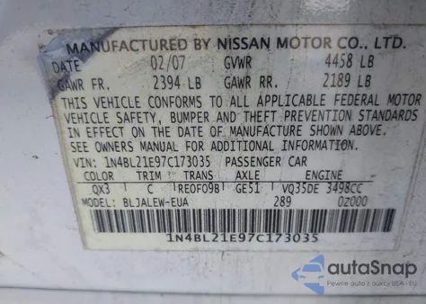 2007 Nissan Altima 3.5 Sl z USA, uszkodzony, nr VIN 1N4BL21E97C173035